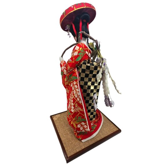 Japanese Geisha Doll With Willow Branches In Traditional Kimono On Wooden Base J - Picture 12 of 14